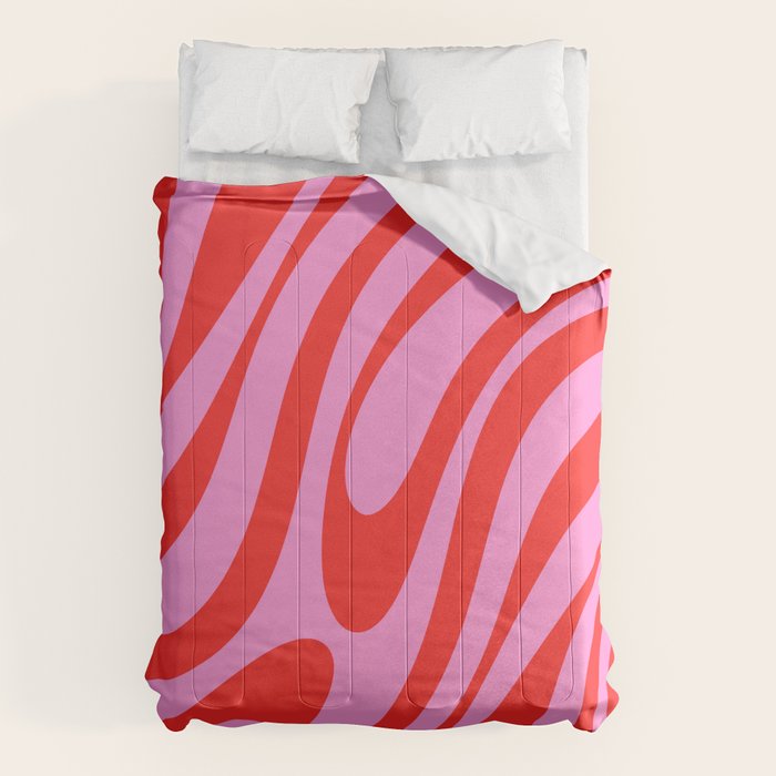 Preppy Pink and Red Retro Abstract Wavy Loops Pop Pattern Comforter Gallery Image 1