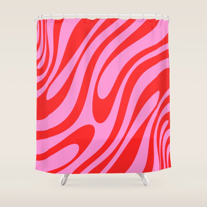 Preppy Pink and Red Retro Abstract Wavy Loops Pop Pattern Shower Curtain Gallery Image 1