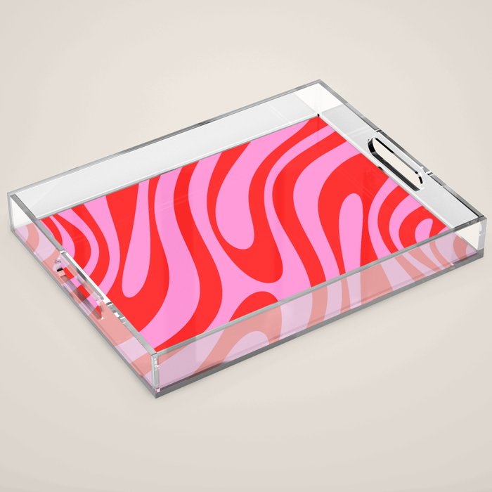 Preppy Pink and Red Retro Abstract Wavy Loops Pop Pattern Acrylic Tray Gallery Image 1