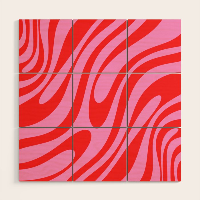 Preppy Pink and Red Retro Abstract Wavy Loops Pop Pattern Wood Wall Art Gallery Image 1