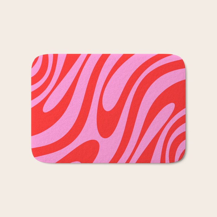 Preppy Pink and Red Retro Abstract Wavy Loops Pop Pattern Bath Mat Gallery Image 1