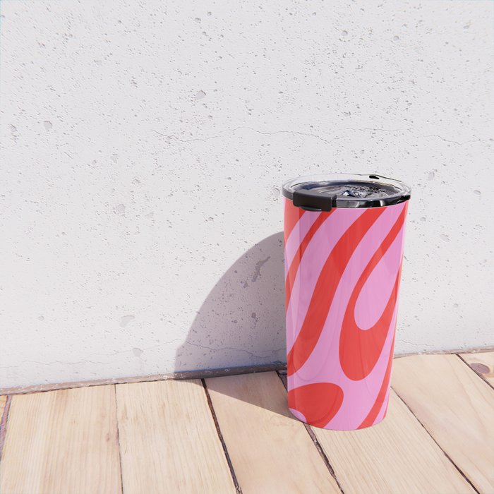 Preppy Pink and Red Retro Abstract Wavy Loops Pop Pattern Travel Mug Gallery Image 4