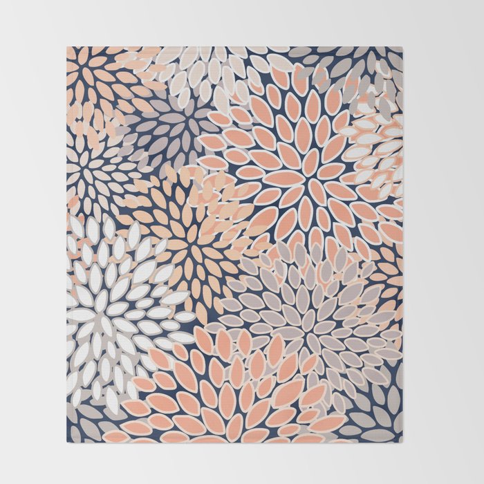 Floral Prints, Navy, Coral, Peach and Gray, Abstract Art, Coloured Prints Throw Blanket Gallery Image 2
