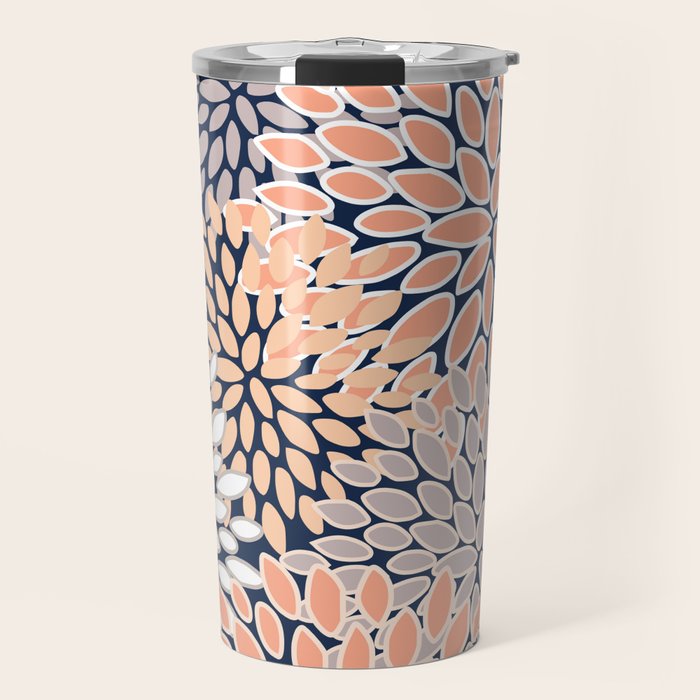 Floral Prints, Navy, Coral, Peach and Gray, Abstract Art, Coloured Prints Travel Mug Gallery Image 1