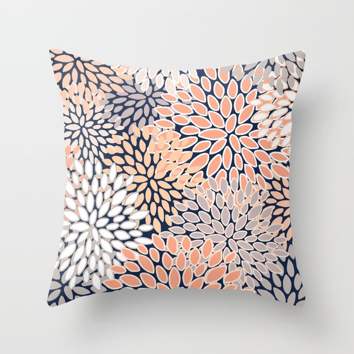 Floral Prints, Navy, Coral, Peach and Gray, Abstract Art, Coloured Prints Throw Pillow Gallery Image 6