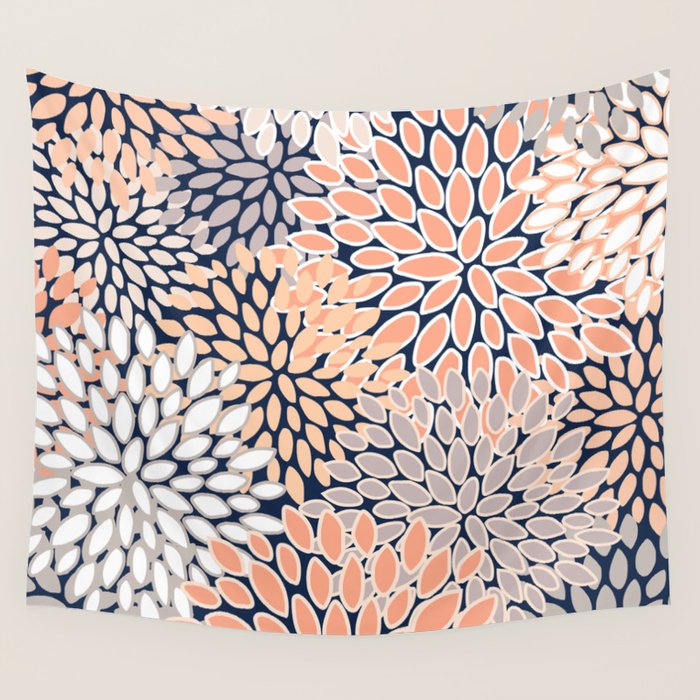 Floral Prints, Navy, Coral, Peach and Gray, Abstract Art, Coloured Prints Wall Tapestry Gallery Image 4