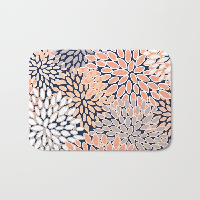 Floral Prints, Navy, Coral, Peach and Gray, Abstract Art, Coloured Prints Bath Mat Gallery Image 1