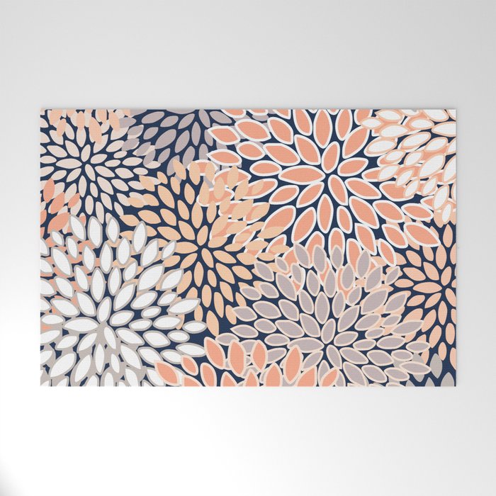 Floral Prints, Navy, Coral, Peach and Gray, Abstract Art, Coloured Prints Welcome Mat Gallery Image 1