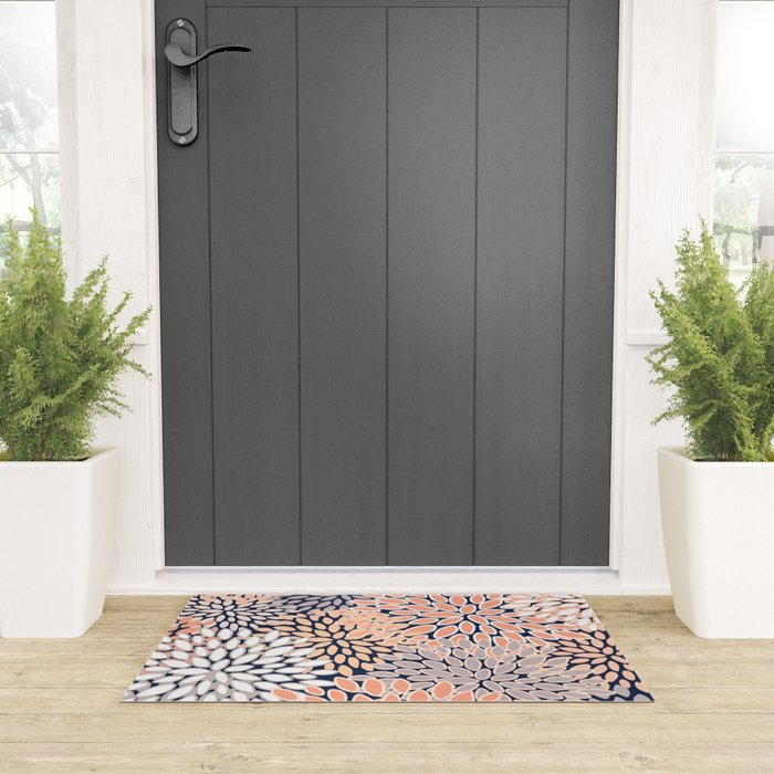 Floral Prints, Navy, Coral, Peach and Gray, Abstract Art, Coloured Prints Welcome Mat Gallery Image 3