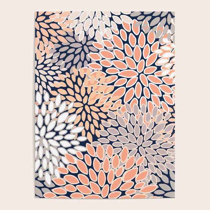 Floral Prints, Navy, Coral, Peach and Gray, Abstract Art, Coloured Prints Poster Gallery Image 1