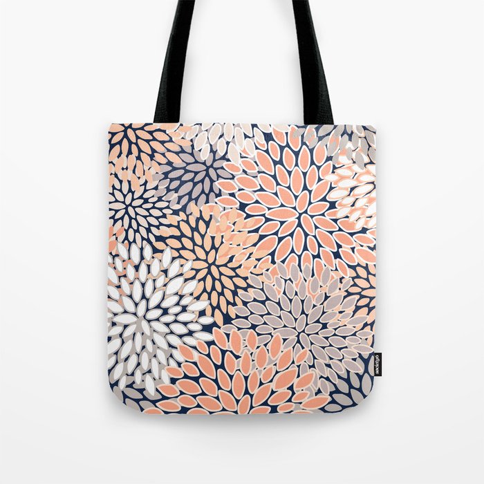 Floral Prints, Navy, Coral, Peach and Gray, Abstract Art, Coloured Prints Tote Bag Gallery Image 1