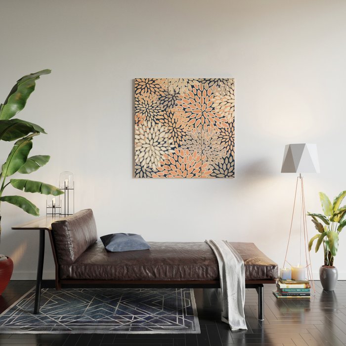Floral Prints, Navy, Coral, Peach and Gray, Abstract Art, Coloured Prints Wood Wall Art Gallery Image 2
