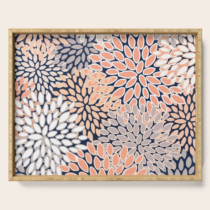 Floral Prints, Navy, Coral, Peach and Gray, Abstract Art, Coloured Prints Serving Tray Gallery Image 1