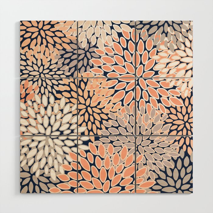 Floral Prints, Navy, Coral, Peach and Gray, Abstract Art, Coloured Prints Wood Wall Art Gallery Image 1