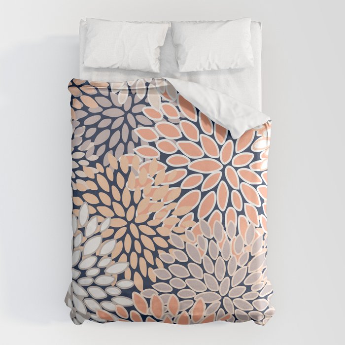 Floral Prints, Navy, Coral, Peach and Gray, Abstract Art, Coloured Prints Duvet Cover Gallery Image 6