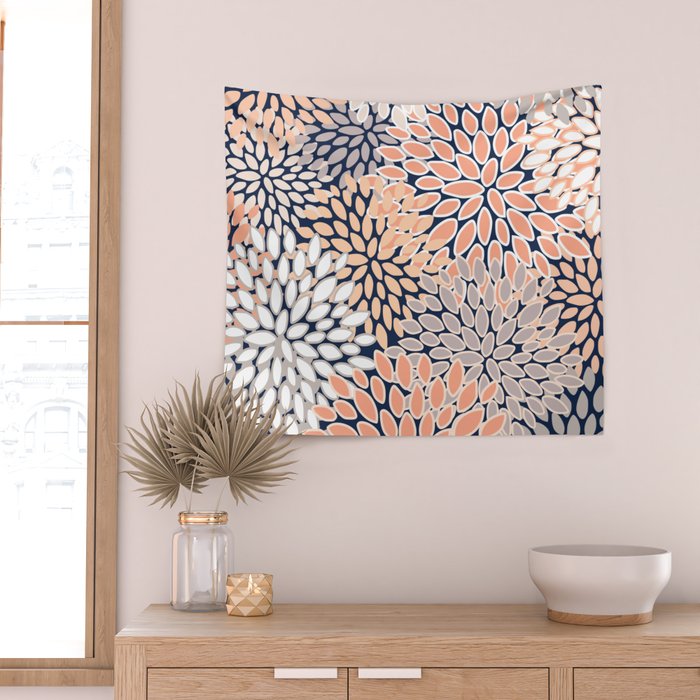 Floral Prints, Navy, Coral, Peach and Gray, Abstract Art, Coloured Prints Wall Tapestry Gallery Image 2