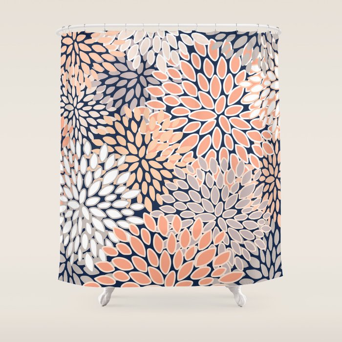 Floral Prints, Navy, Coral, Peach and Gray, Abstract Art, Coloured Prints Shower Curtain Gallery Image 1