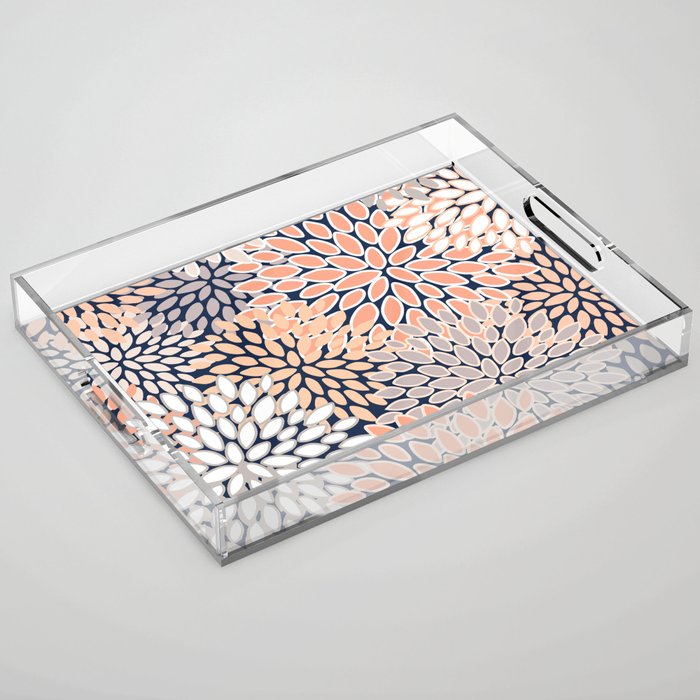 Floral Prints, Navy, Coral, Peach and Gray, Abstract Art, Coloured Prints Acrylic Tray Gallery Image 1