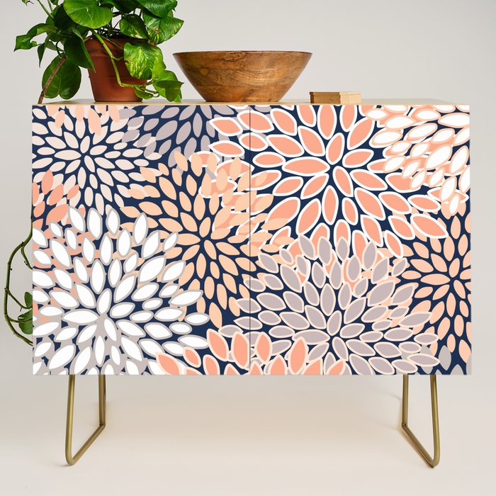 Floral Prints, Navy, Coral, Peach and Gray, Abstract Art, Coloured Prints Credenza Gallery Image 1
