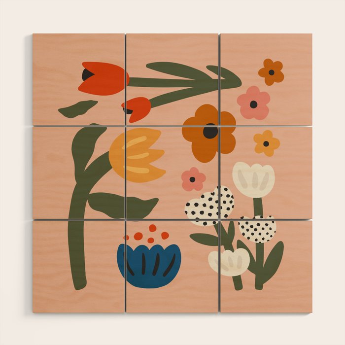 Flower Market Honolulu, Playful Naif Floral Print Wood Wall Art Gallery Image 1