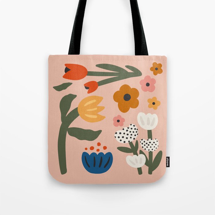 Flower Market Honolulu, Playful Naif Floral Print Tote Bag Gallery Image 1