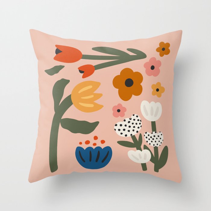 Flower Market Honolulu, Playful Naif Floral Print Throw Pillow Gallery Image 1