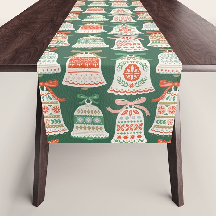Folk Art Holiday Bells - Forest Green Table Runner Gallery Image 1