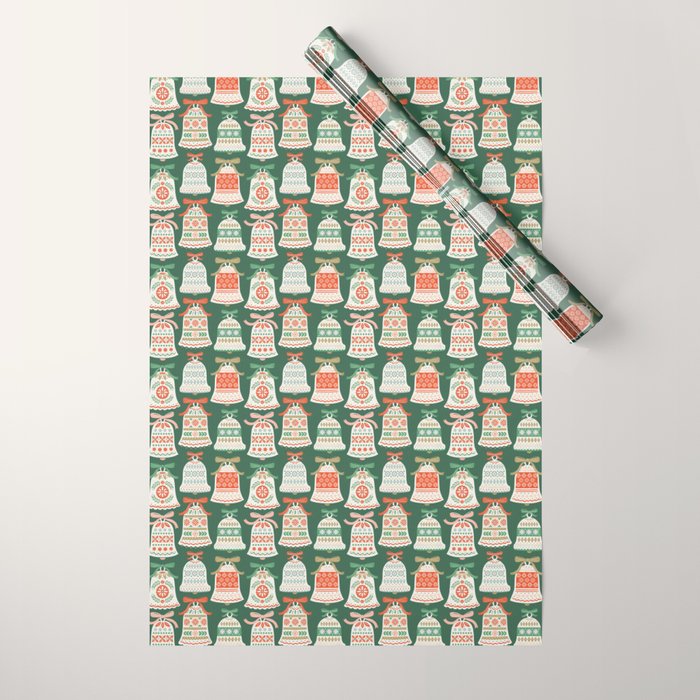 Folk Art Holiday Bells - Forest Green Wrapping Paper Gallery Image 1