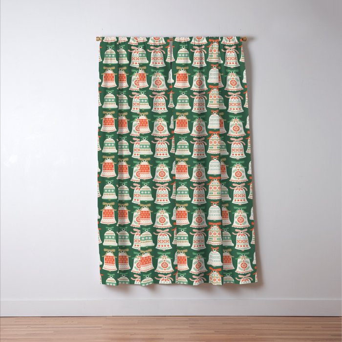 Folk Art Holiday Bells - Forest Green Window Curtain Gallery Image 3
