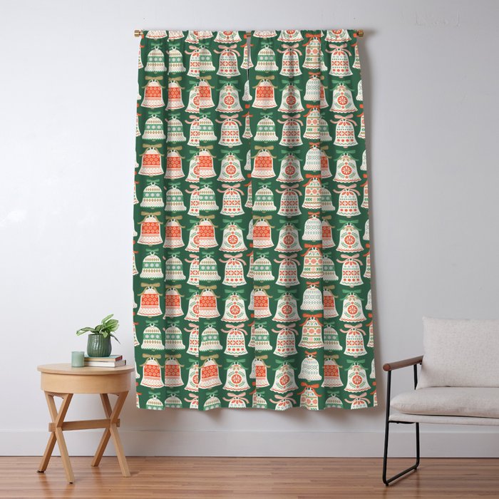 Folk Art Holiday Bells - Forest Green Window Curtain Gallery Image 5