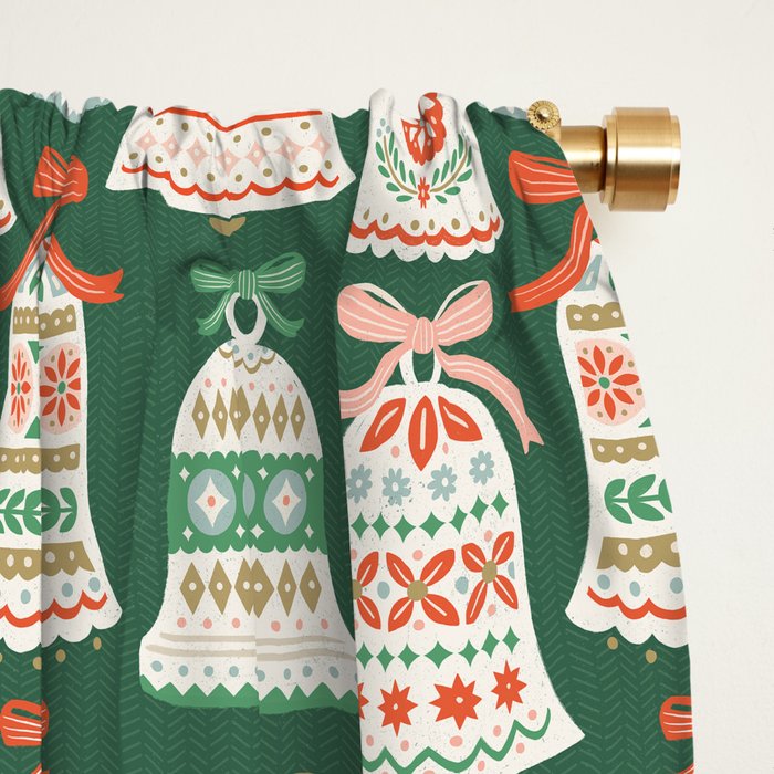 Folk Art Holiday Bells - Forest Green Window Curtain Gallery Image 2