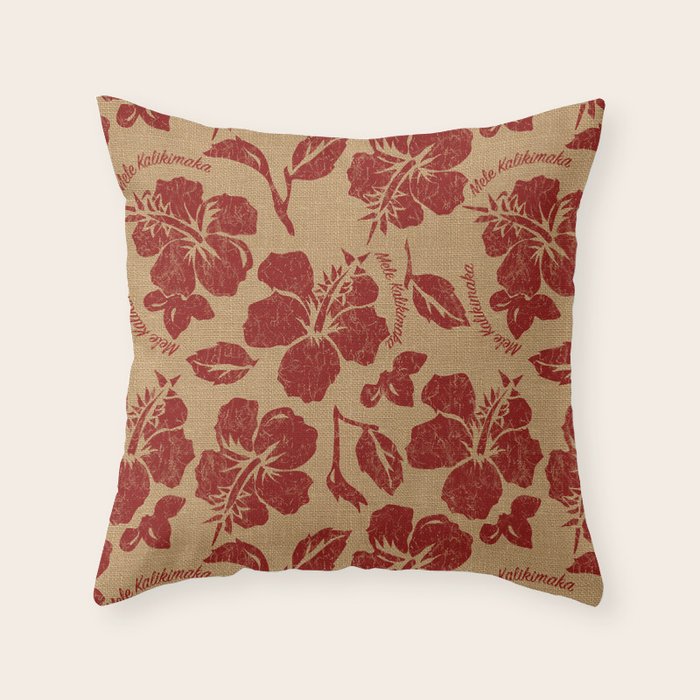 Mele Kalikimaka Vintage Pareau Hawaiian Hibiscus  Throw Pillow Gallery Image 1