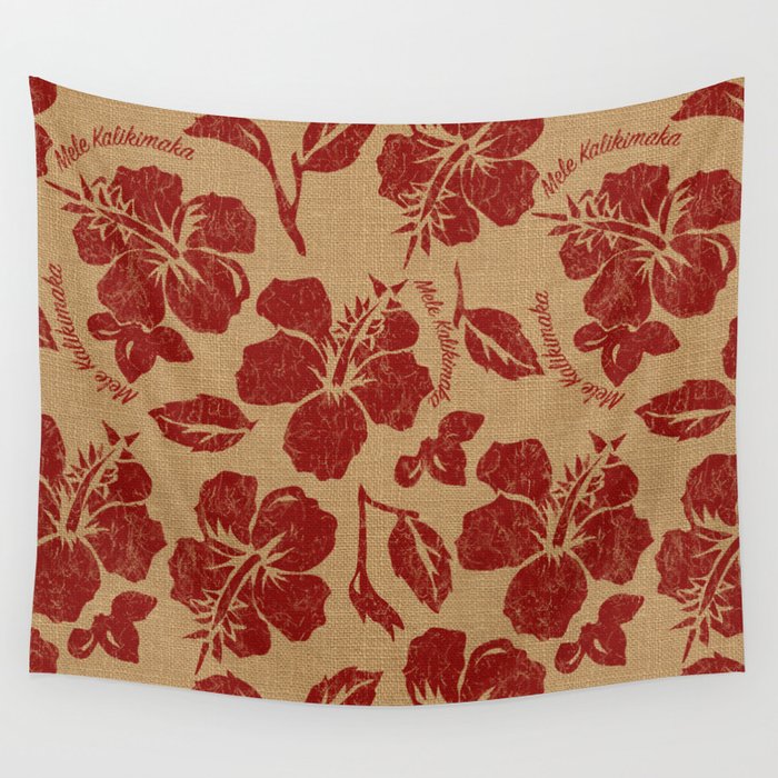 Mele Kalikimaka Vintage Pareau Hawaiian Hibiscus  Wall Tapestry Gallery Image 1