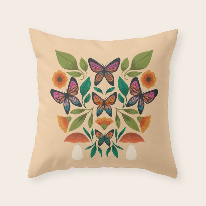 Rainbow Butterfly Garden with Mushrooms Throw Pillow Gallery Image 6