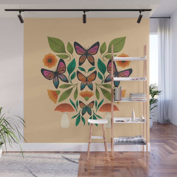Rainbow Butterfly Garden with Mushrooms Wall Mural Gallery Image 1