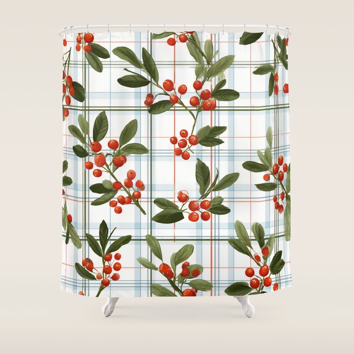 Festive Berries on Tartan Shower Curtain Gallery Image 1
