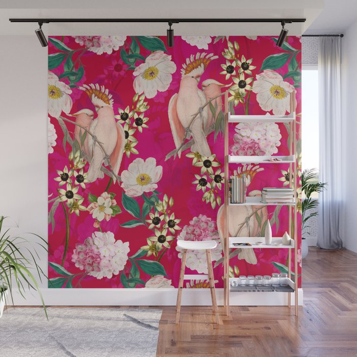 Vintage & Shabby Chic - Tropical Bird Flower Garden Wall Mural Gallery Image 1
