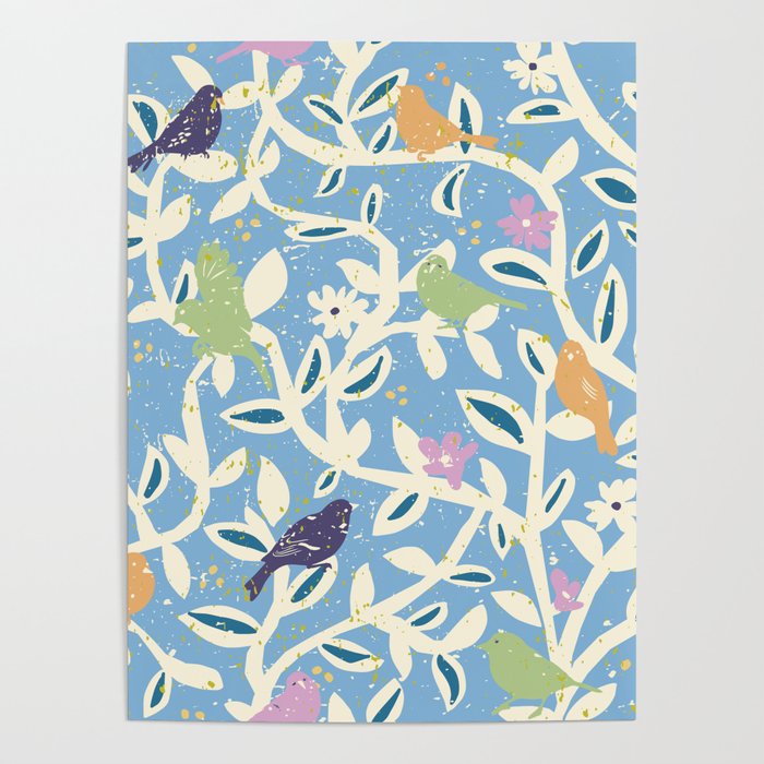 Birds in branches chalky blue Poster Gallery Image 1