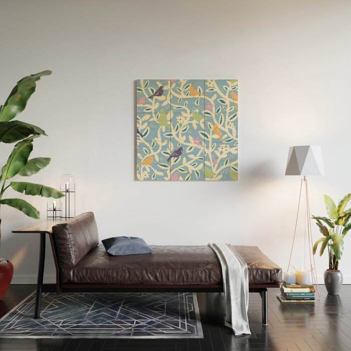 Birds in branches chalky blue Wood Wall Art Gallery Image 2
