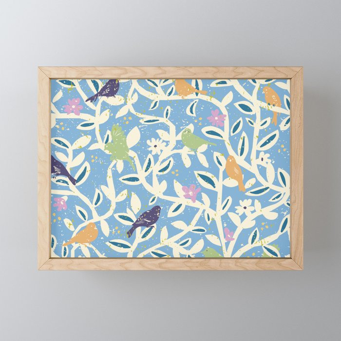 Birds in branches chalky blue Mini Art Print Gallery Image 1