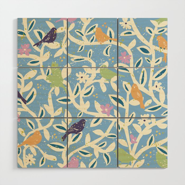 Birds in branches chalky blue Wood Wall Art Gallery Image 1