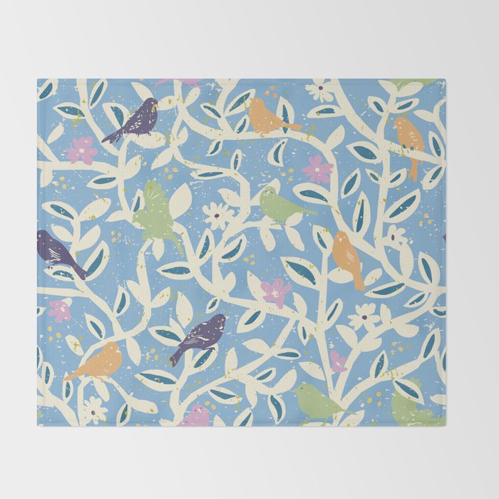 Birds in branches chalky blue Throw Blanket Gallery Image 2