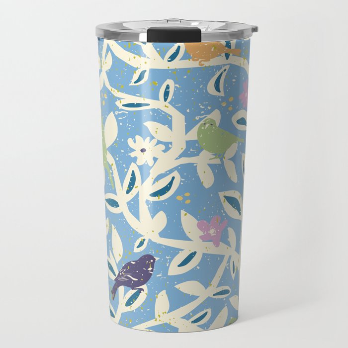 Birds in branches chalky blue Travel Mug Gallery Image 1