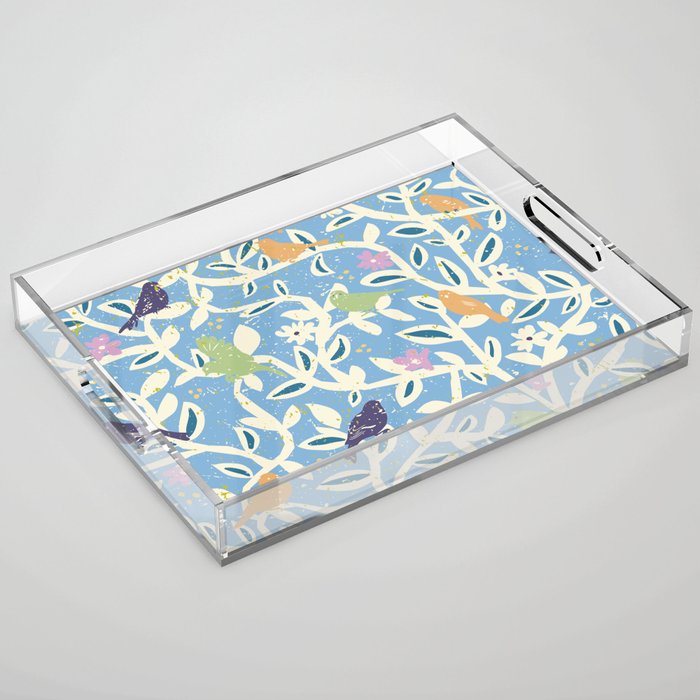 Birds in branches chalky blue Acrylic Tray Gallery Image 1