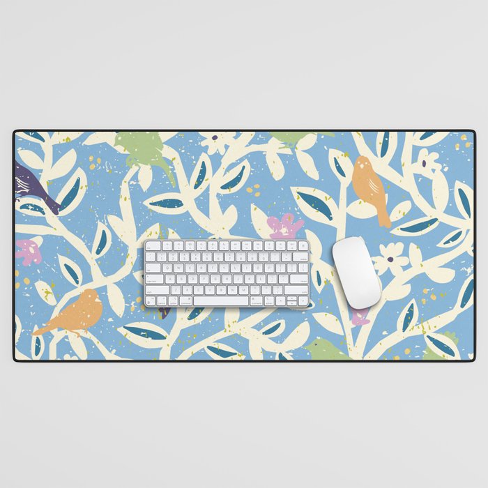 Birds in branches chalky blue Desk Mat Gallery Image 1