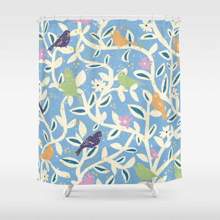 Birds in branches chalky blue Shower Curtain Gallery Image 1