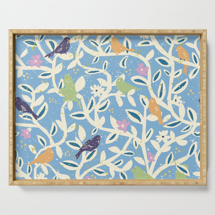 Birds in branches chalky blue Serving Tray Gallery Image 1