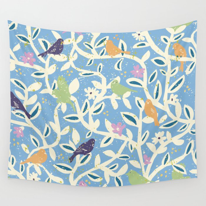 Birds in branches chalky blue Wall Tapestry Gallery Image 1