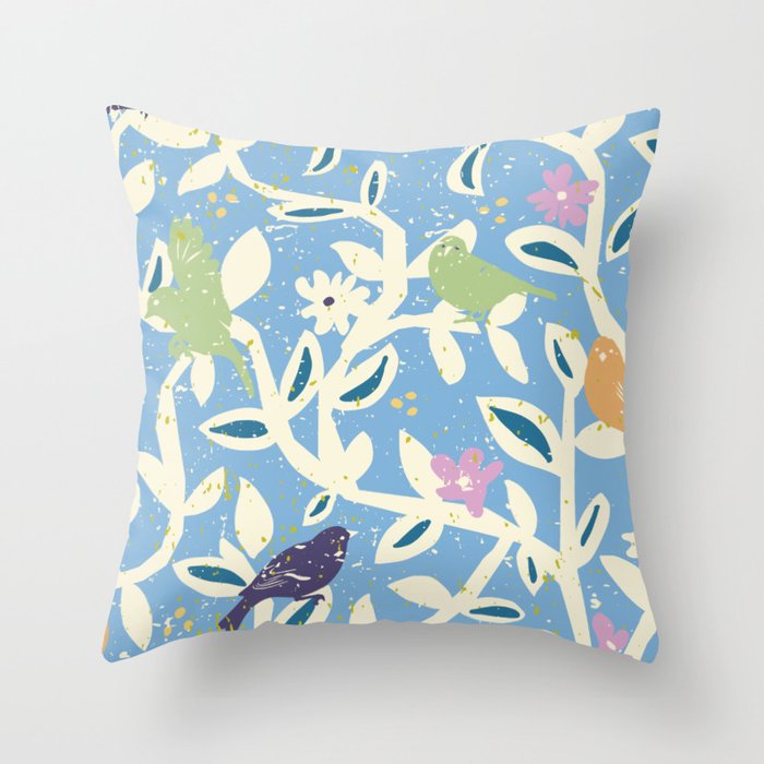 Birds in branches chalky blue Throw Pillow Gallery Image 1
