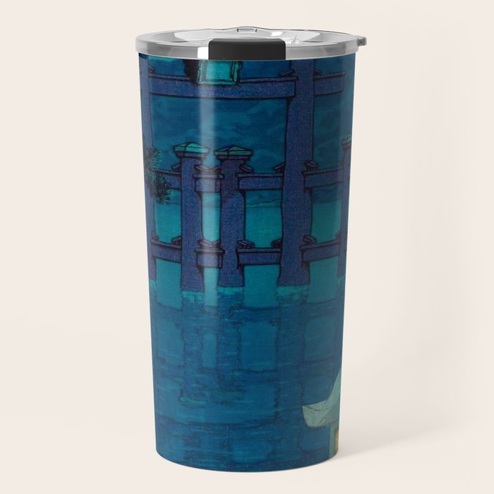 Japanese Woodblock print Torii In The Lake During Night Blue Monochromatic Travel Mug Gallery Image 1